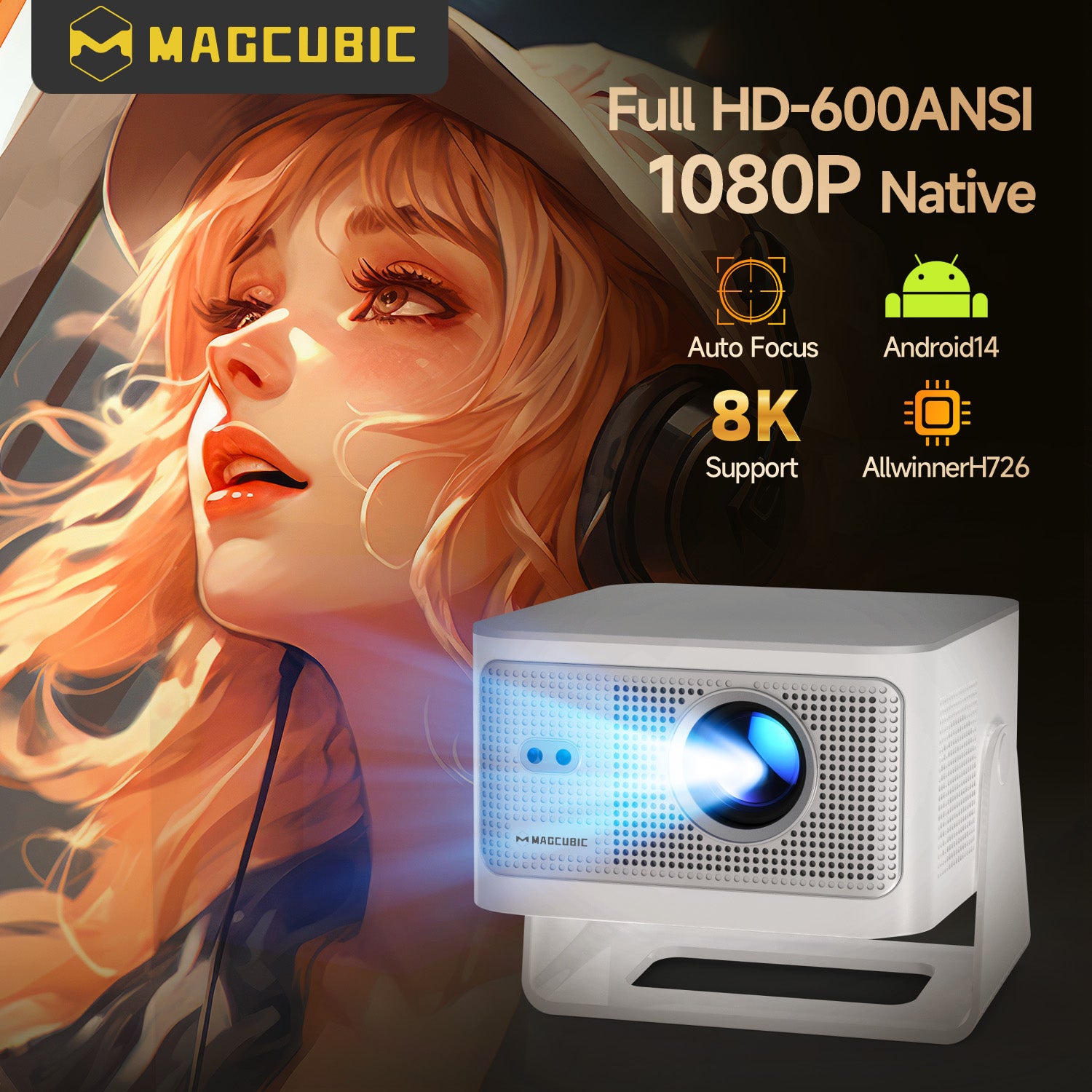 Magcubic HY350MAX 600 ANSI Portable Projector | Native 1080P with 8K Input, Android 14, Auto Keystone & Focus, Outdoor Friendly