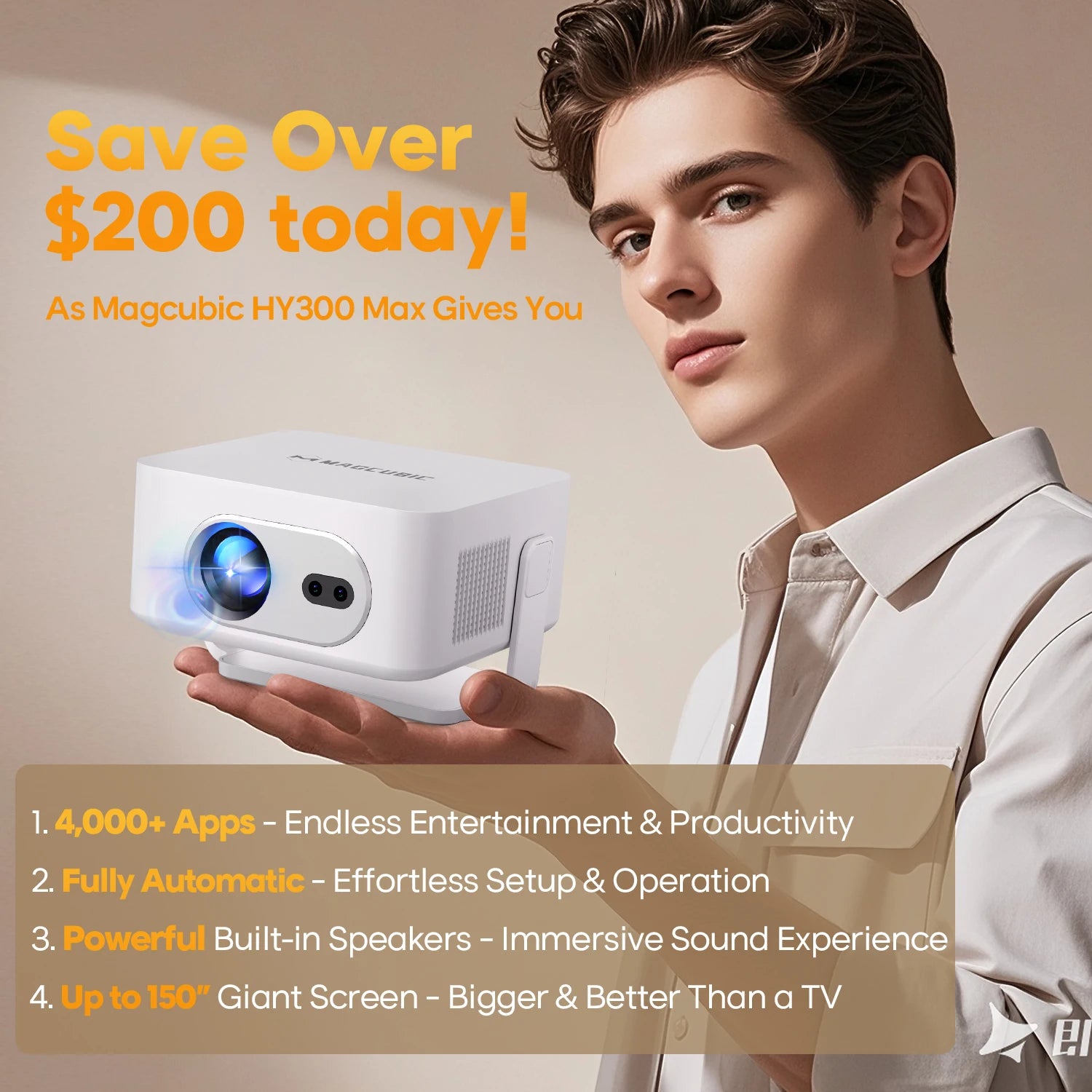 Magcubic HY300 Max projector with 4000+ APPs, Fully Automatic, built-in speakers, up to 150"