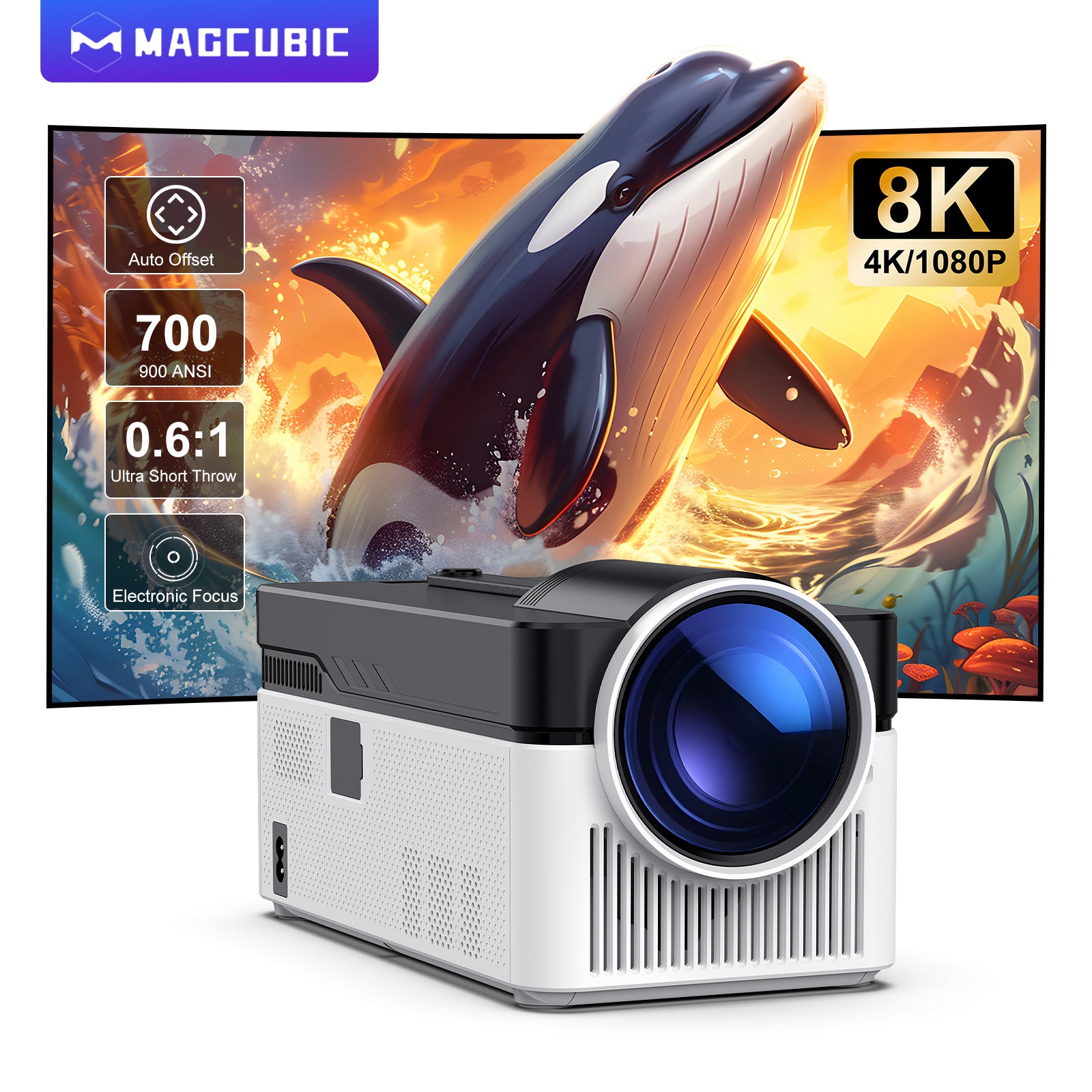 Magcubic HY450 8K Projector 700ANSI Ultra Short Throw 1080p Allwinner H716 BT5.4 Auto Offset Electronic Focus WIFI6 Dual speaker