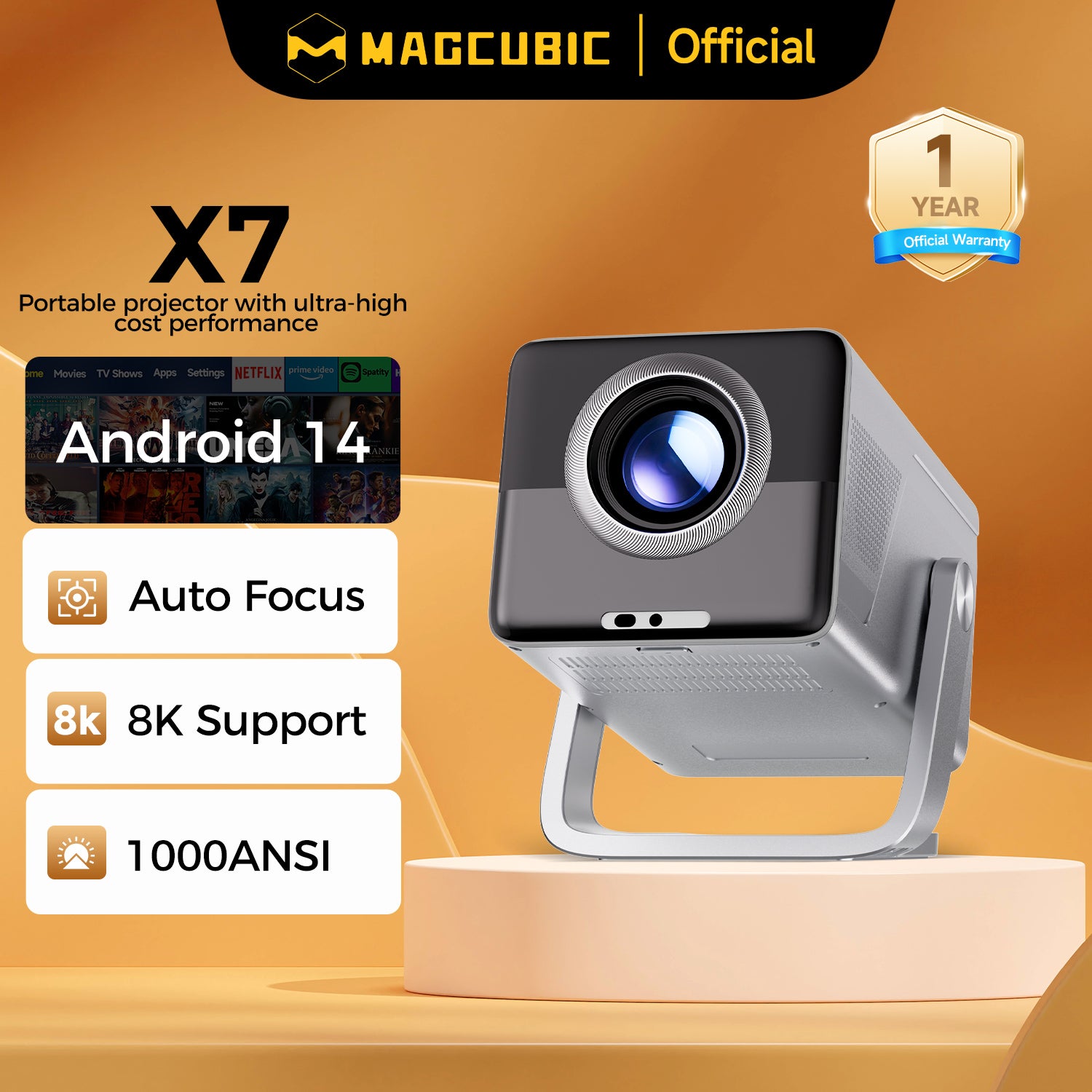 Magcubic 8K Support HD 1080P 1000ANSI X7 Projector With 5W Speaker Android 14 WiFi6 BT5.4 Outdoor Video Home Theater Projector