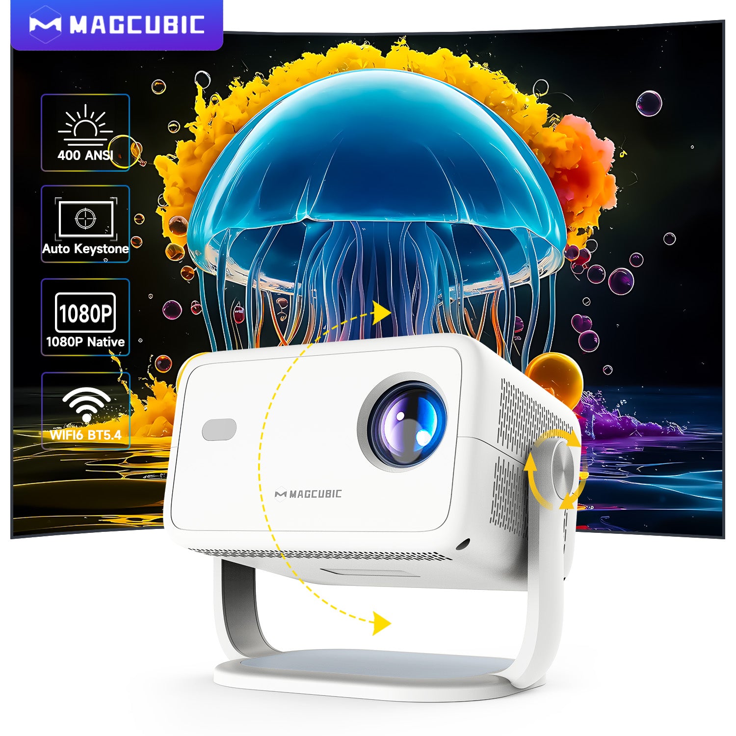Magcubic L018 Portable Projector | 400 ANSI, 1080P Native, 4K Support. Android 14, 180° Rotation, Auto keystone/focus, WiFi 6, BT 5.2 for Home/Travel