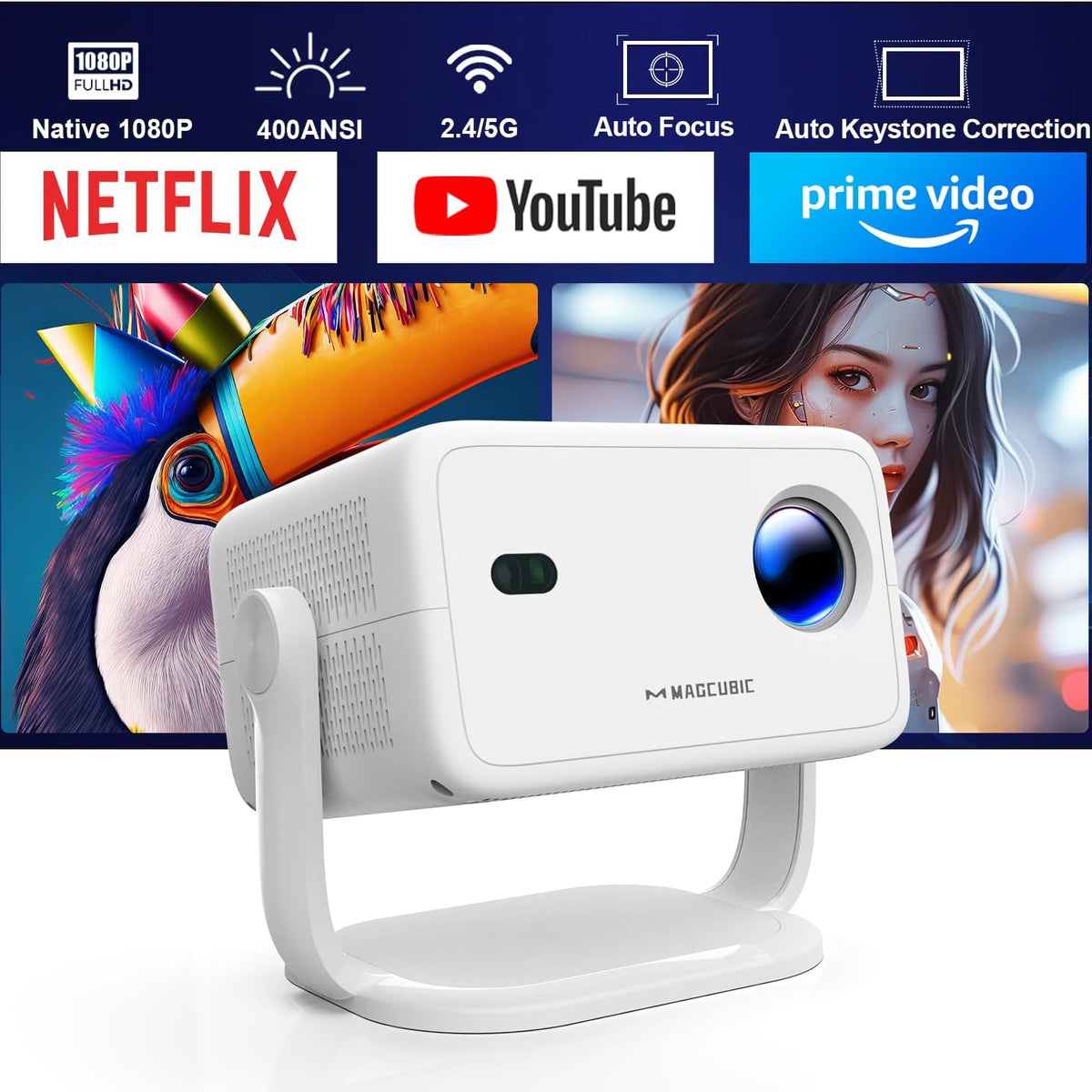 Mini Proiettore 1080P WiFi Bluetooth - Supporta 4K, Netflix, YouTube, Portatile