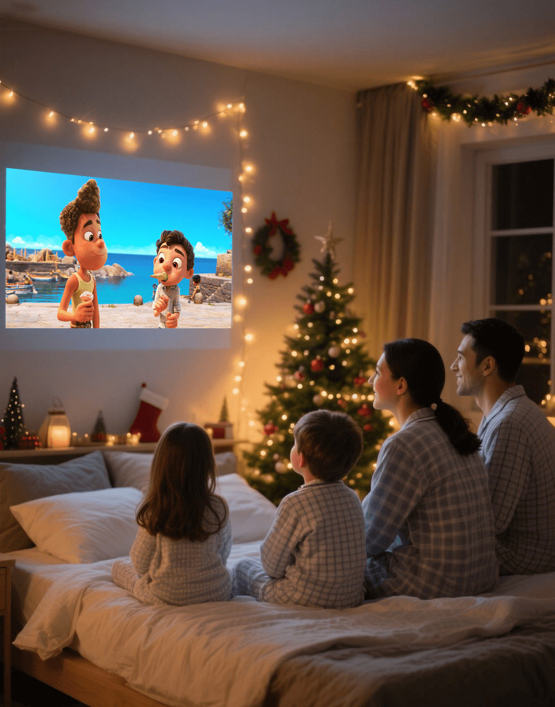 A family is watching a movie with a projector in the bedroom