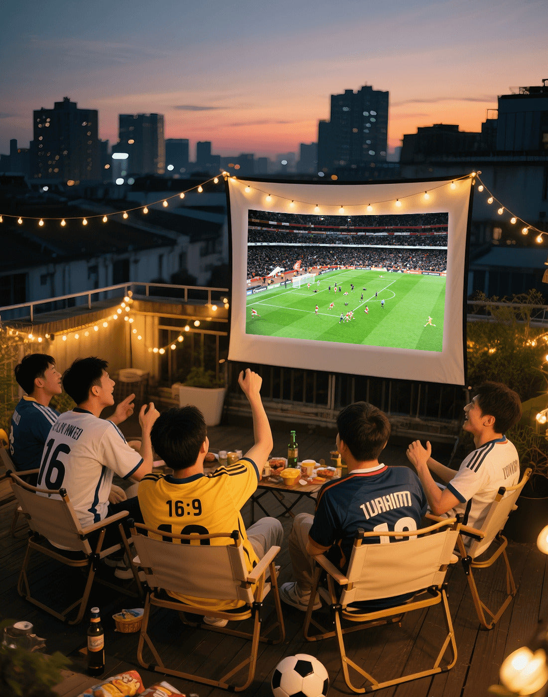 Football enthusiasts use projectors in the yard to watch the game
